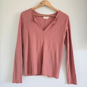 Nation LTD Pima Cotton Slouchy V-neck Long Sleeve Blouse T-shirt Pink Size S